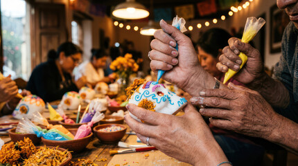 People decorating sugar skulls for Day of the Dead celebration.