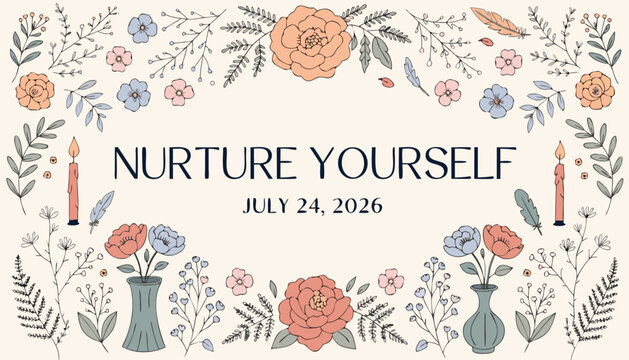 Hand drawn floral border illustration with nurture yourself text quote