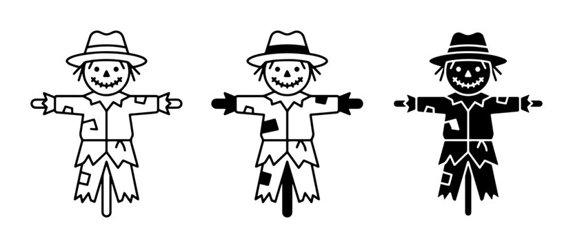 Scarecrow Icons Set: Whimsical Halloween Characters, Autumn Harvest Symbols, Farm Garden Guardians