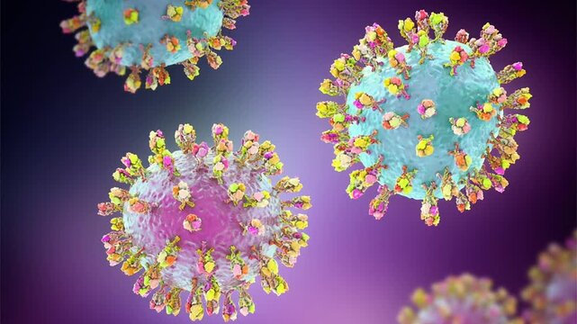 Junin virus particle, 3D animation showing enveloped arenavirus with granular ribonucleoprotein structure, causative agent of Argentine hemorrhagic fever.