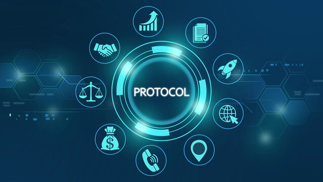 Digital protocol hub with business and technology on dark blue hexagonal background, network