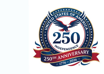 Fototapeta premium Independence anniversary seal features a bald eagle perched above the number 250 on a white background.