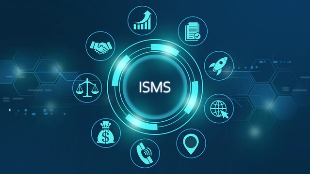 Isms acronym in glowing circle surrounded by business and technology on dark blue background, information security management