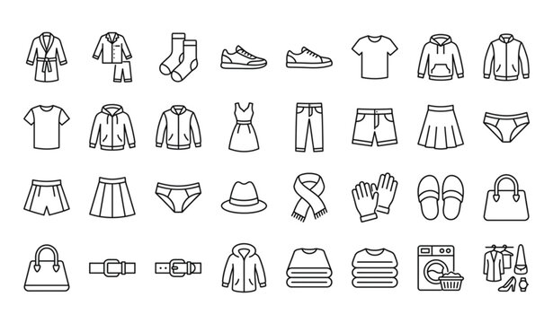Outline Clothing Icon Set Vector with Bathrobe Pajamas Socks Shoes and Fashion Apparel Symbols
