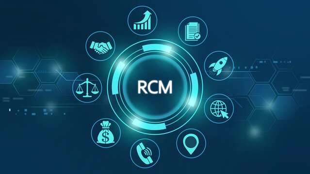 Rcm business concept with for growth, documents, rocket, internet, location, phone, money bag, scales, and handshake