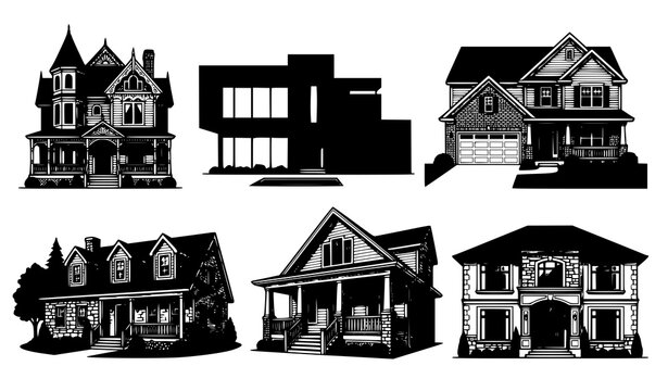 Architectural house design vector collection with Victorian modern and minimalist residential buildings isolated on white background