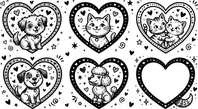 A collection of charming black and white line art illustrations featuring cute dogs and kittens framed within decorative heart shapes on a clean white background