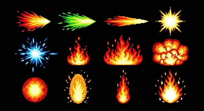 Pixel art fire, explosions, and light effects on black background