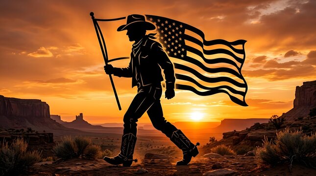American cowboy silhouette with us flag at sunset in monument valley
