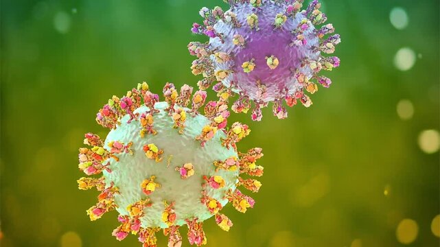 Junin virus particle, 3D animation showing enveloped arenavirus with granular ribonucleoprotein structure, causative agent of Argentine hemorrhagic fever.