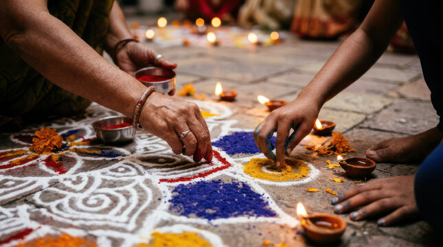 Hands creating colorful rangoli with diyas during festival celebration.