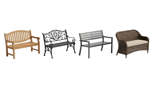 Set of four different garden benches isolated on transparent background