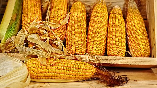 Rows of vibrant yellow corn cobs stacked inside a wooden crate under soft natural light. The composition captures the warmth of the harvest and the wholesome appeal of freshly gathered corn 