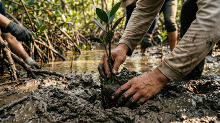 Fototapeta premium Hands planting a small mangrove tree in muddy soil.