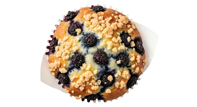 Close up of delicious blueberry muffin with crumbly texture isolated on transparent background