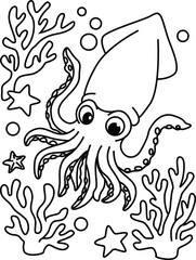 Fototapeta premium Cute Squid Coloring Page with Ocean Plants, Marine Animal Line Art