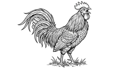 Proud Crowing Rooster Standing on Grass, isolated white background. © Rifki