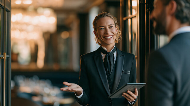 Smiling professional hostess holding a tablet welcoming a guest at the entrance of a luxury restaurant