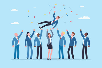 Team celebration illustration with airborne business and confetti © BasobiBala
