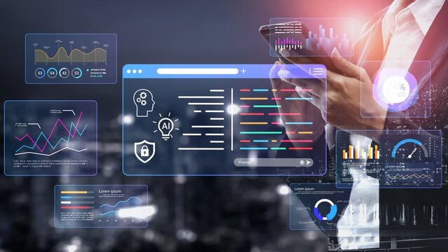 Digital Interface with Data Visualization Elements, Artificial Intelligence Concepts, Financial Charts, and Modern Business Analytics in a Dynamic Urban Setting Gluon.