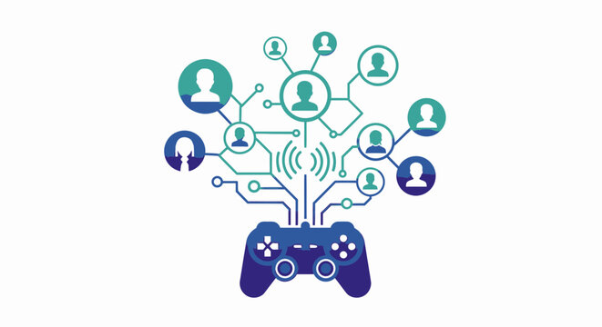 A gaming controller connects to a network of digital avatars representing multiplayer gaming.