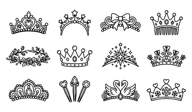 Elegant Decorative Crown and Tiara Collection with Royal Princess Queen Headpiece Line Art Vector Set