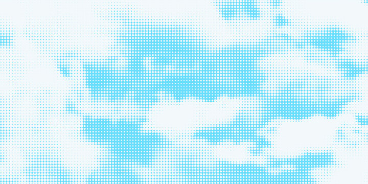 Bright blue sky halftone background. Fading retro comic gradient pattern. Pixelated dotted cloud texture overlay. Cartoon pop art grain backdrop for poster, banner, advertisement, brochure. Vector