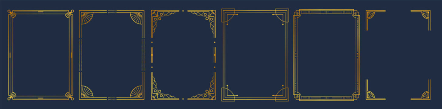 Art deco thin golden vintage frames. Graphic gold decoration border. Vertical geometric frames linear template. Certificate, banner, label, invitation