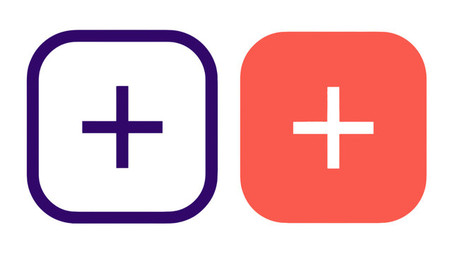Set of add buttons featuring a blue outlined square and a red solid square with plus symbols