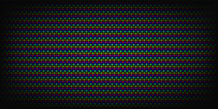 Faded RGB screen pixel background. LCD display grid dots wallpaper. LED TV screen pattern. Red Green Blue diode pixels videowall concept. Projector or television monitor texture backdrop. Vector