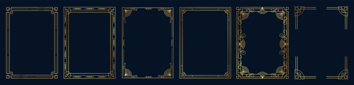 Art deco thin golden vintage frames. Graphic gold decoration border. Vertical geometric frames linear template. Certificate, banner, label, invitation