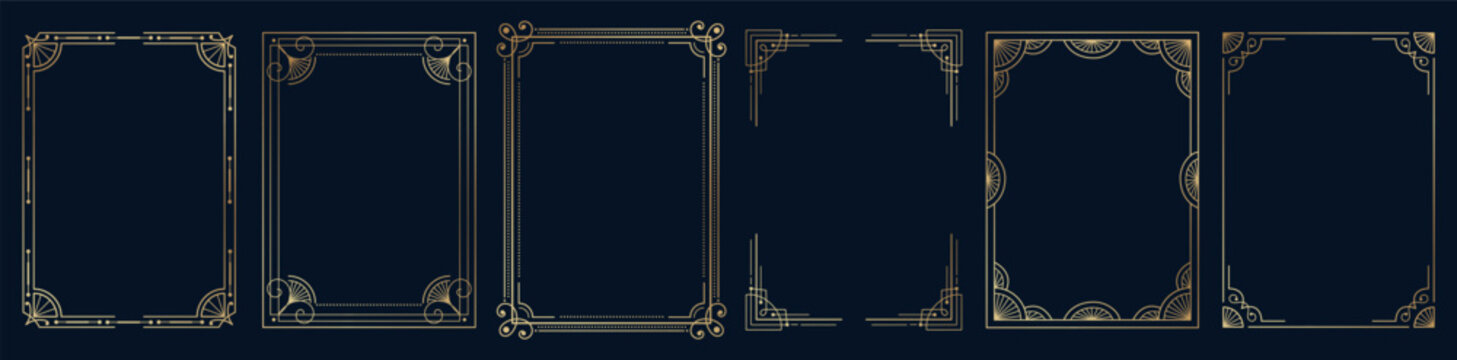 Art deco thin golden vintage frames. Graphic gold decoration border. Vertical geometric frames linear template. Certificate, banner, label, invitation