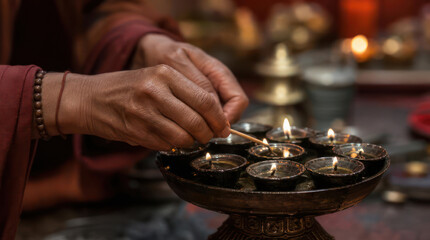 Obraz premium Person lighting small oil lamps with a matchstick for a ritual.