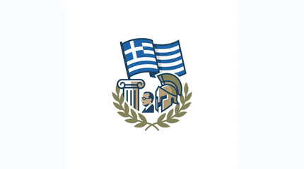 Obraz premium Greek Symbols: Flag, Column, Spartan Helmet, Laurels, Portrait