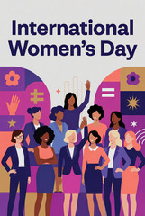Obraz premium A diverse group of women stands together celebrating International Women's Day with abstract floral and geometric designs.