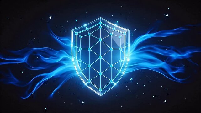 Blue glowing shield with network pattern