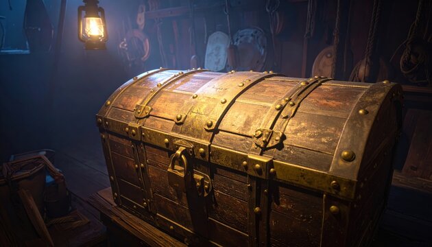 Antique Wooden Treasure Chest with Metal Straps and Lock in a Dimly Lit Ship Interior, Lit by a Lantern, Evoking Adventure and Mystery, Copy Space
