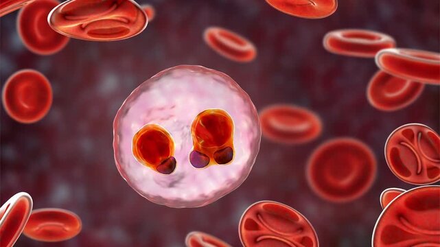 Plasmodium falciparum ring stage, 3D animation showing early intraerythrocytic trophozoites within red blood cells, characteristic of falciparum malaria in humans.