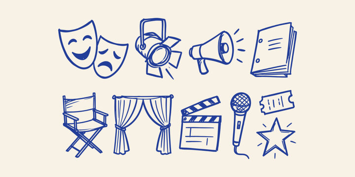 theater elements and acting movie performance doodle icon set with mask spotlight megaphone script chair curtain clapperboard microphone ticket and star vector illustration