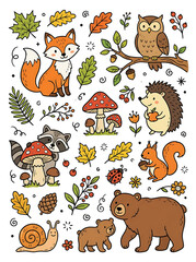 Fototapeta premium Autumn forest animals illustration with squirrels and deer.