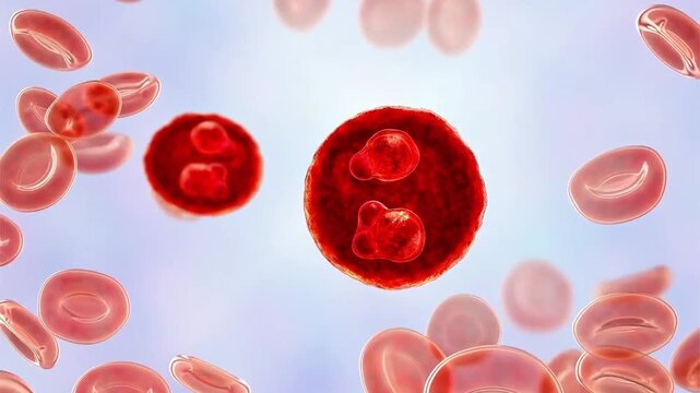 Plasmodium falciparum ring stage, 3D animation showing early intraerythrocytic trophozoites within red blood cells, characteristic of falciparum malaria in humans.