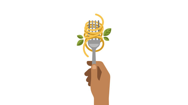 Hand holding fork with spaghetti and basil leaves, isolated on white background