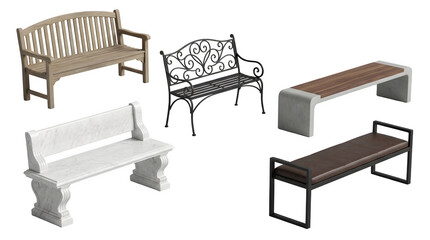 Fototapeta premium Collection of various park and garden benches isolated on transparent background