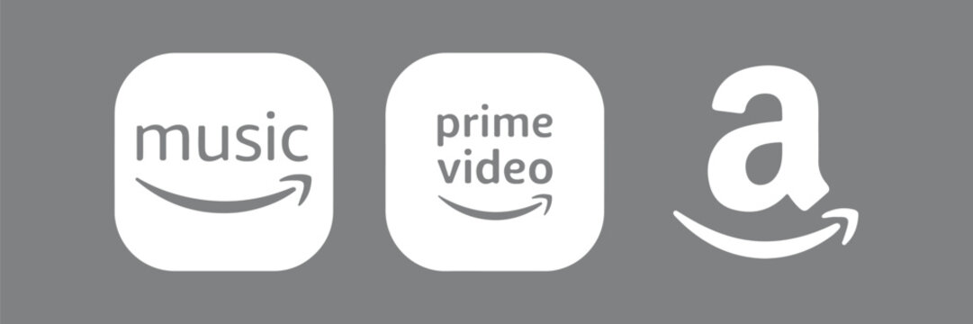Handmade white flat vector icons of Amazon music, prime video and logo set for web, app, social media design, isolated on transparent background illustration.