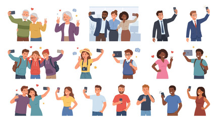Fototapeta premium Diverse people taking selfies on smartphones, flat vector illustration character set isolated on white