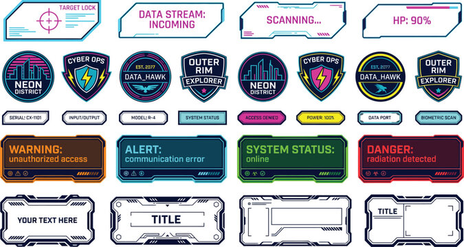 Cyberpunk Interface Elements and Futuristic HUD Labels