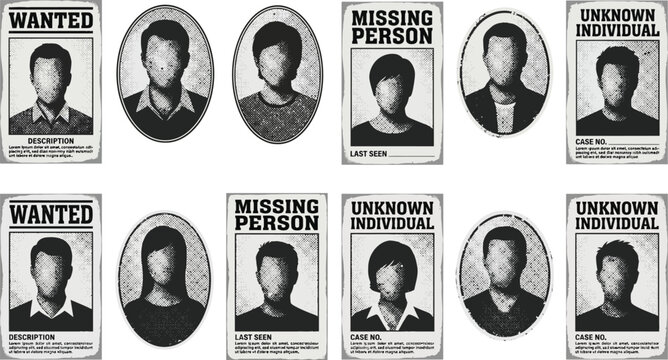 Black and White Pixelated Missing Person Posters with Various Descriptions