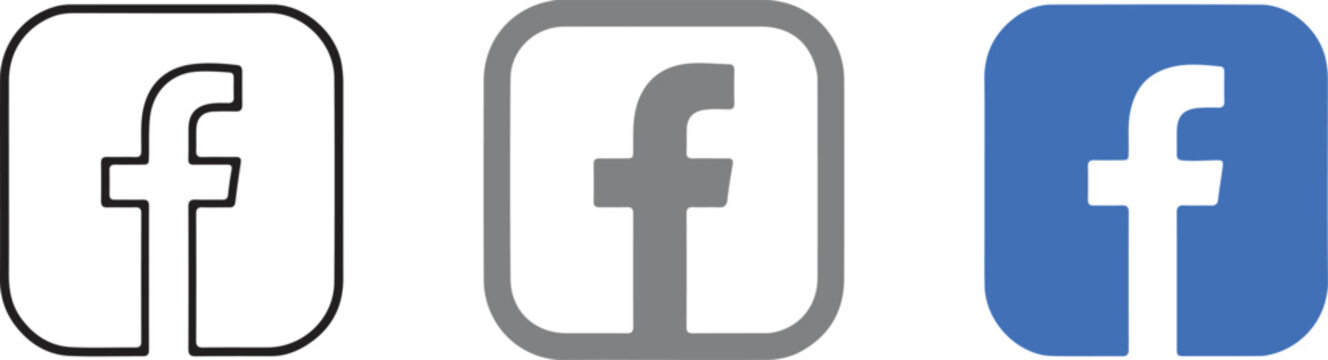 Facebook social media icon set, three rounded square variations with f letter symbol, handmade vector illustration, flat graphic, isolated on white background