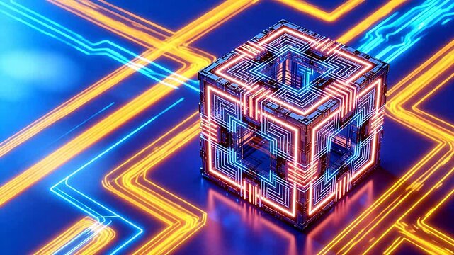 Neon cube with circuit patterns