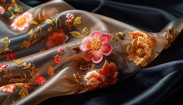 Close Up Macro of Luxurious Embroidered Floral Pattern on Sheer Organza Fabric with Gold Thread Detail, Draped Elegantly on Dark Silk Textile, Opulent Decorative Material